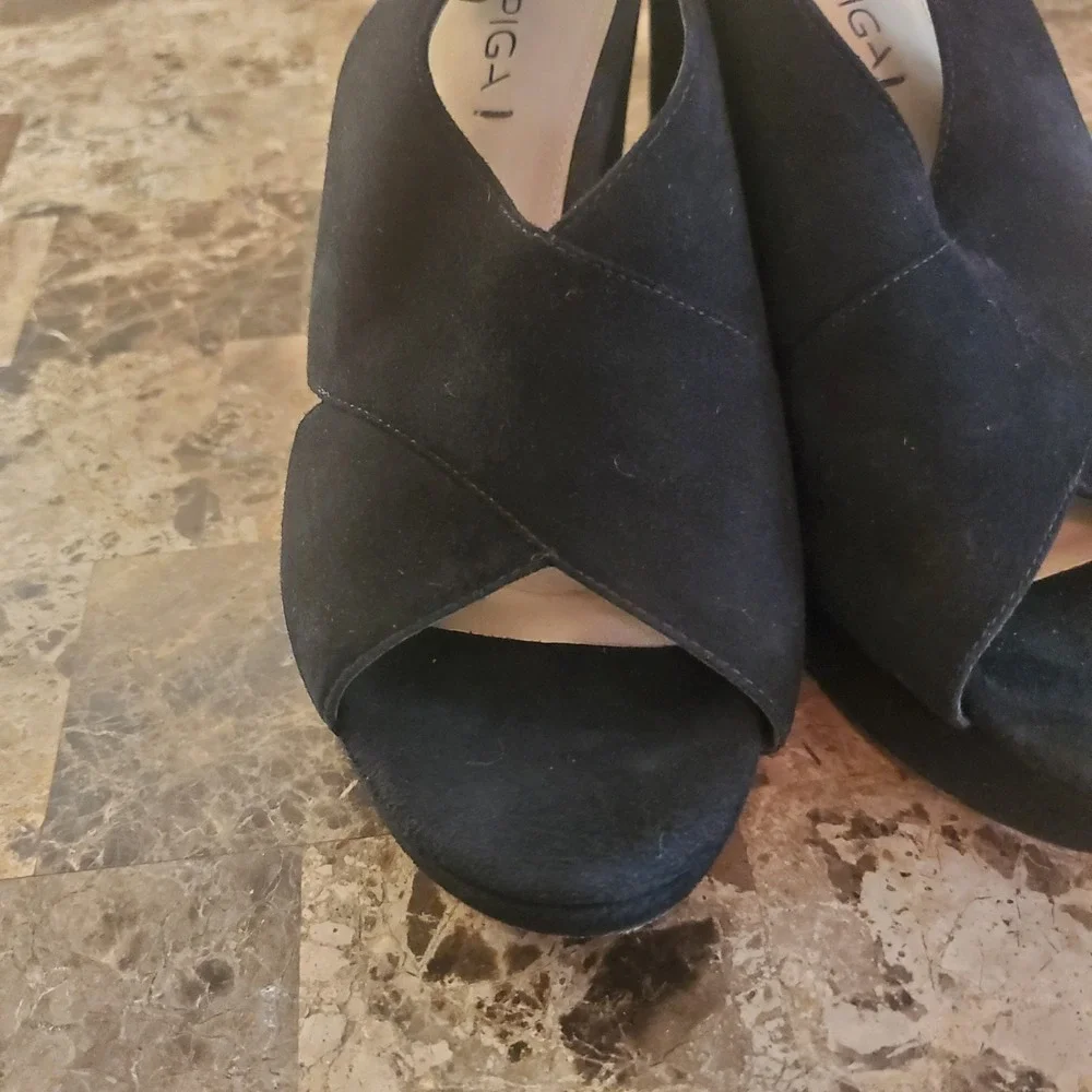VIA SPIGA Suede Platform CrossStrap Slngbk Sandal Heels 7.5M Black Y2K going out